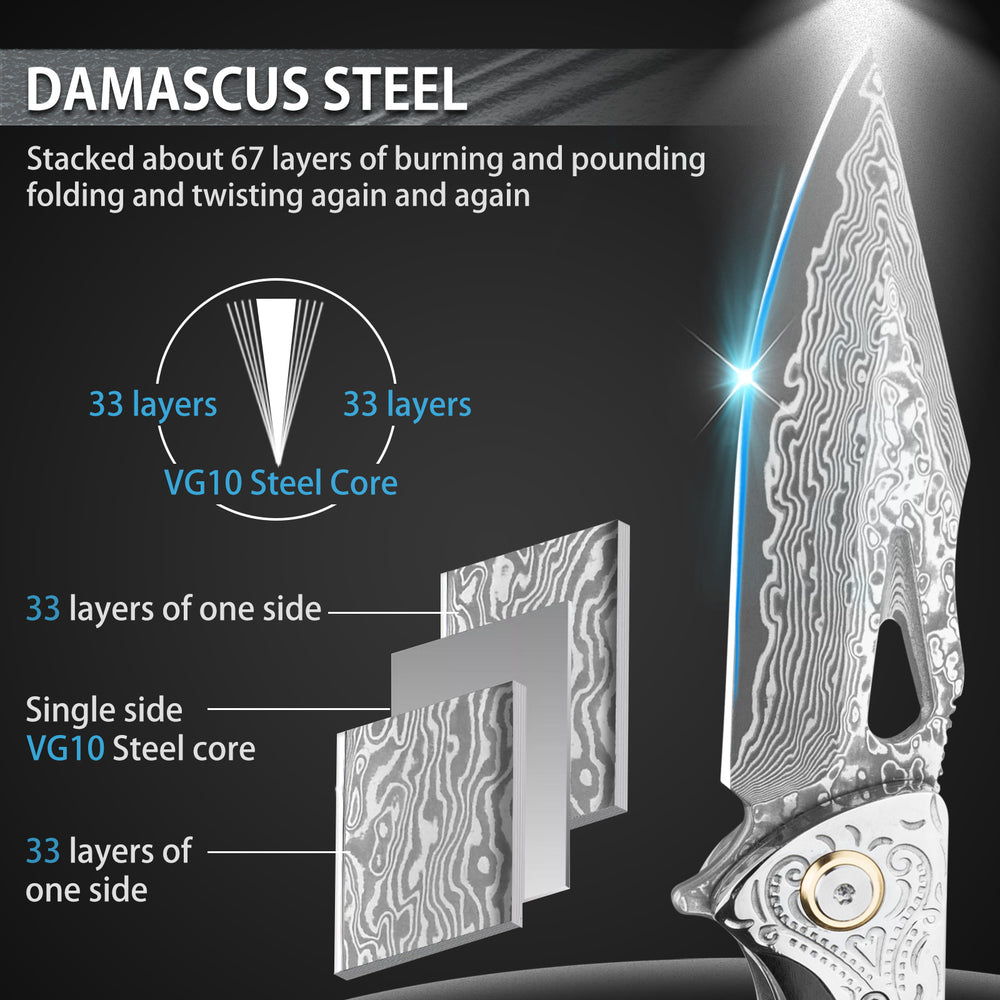 Griffin Damascus Pocket Knife, VG10 Damascus Steel Blade 
