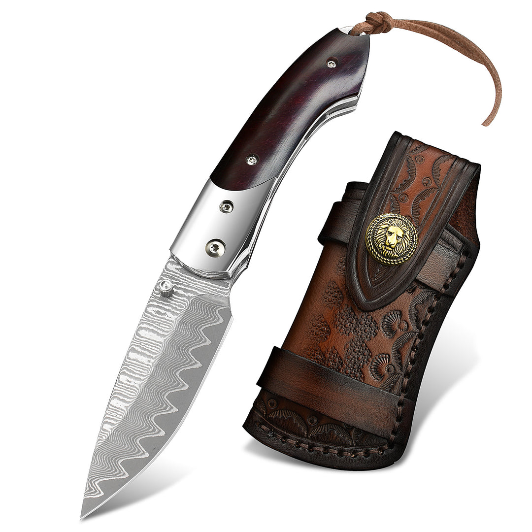 Nedfoss Swordfish Damascus Pocket Knife, VG10 Damascus Steel Blade and Sandalwood Handle