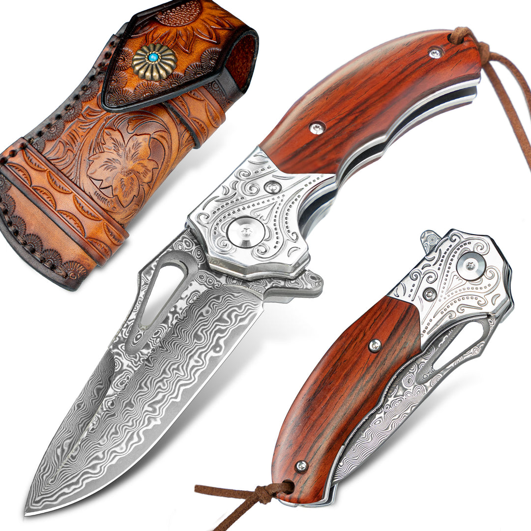 Nedfoss tiger-shark  Damascus Pocket Knife with Engraved Pattern and Sandalwood Handle