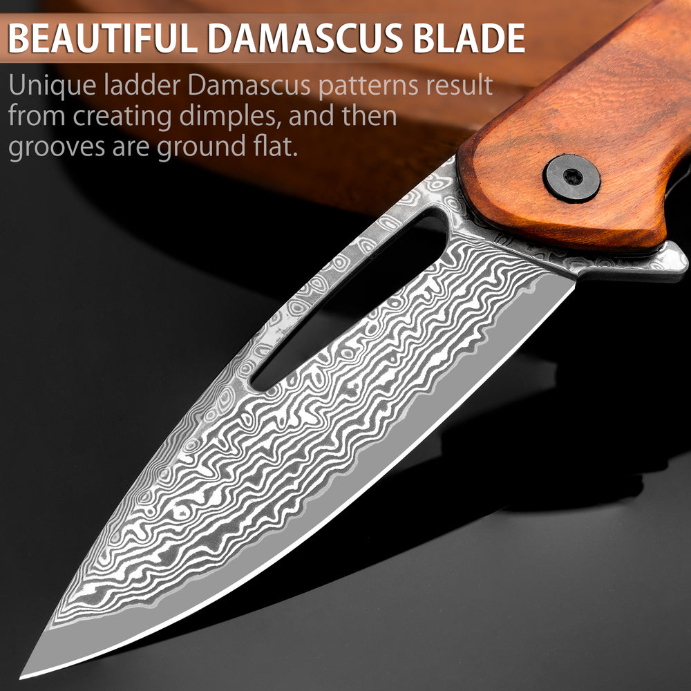 Mustang EDC Damascus Pocket Knife,  Damascus Steel Blade with Rosewood Handle