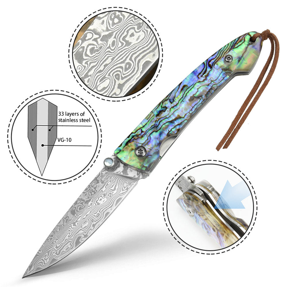 Polar-Bear Damascus Pocket Knife with Abalone Shell Handle