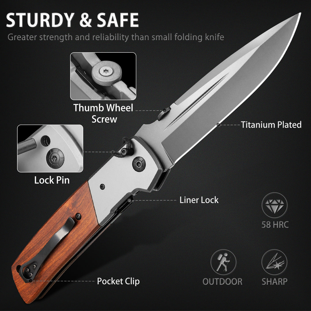 DA52 Huge Pocket Knife,  Blade Folding Knife with Wood Handle, Safety Liner Lock and Belt Clip