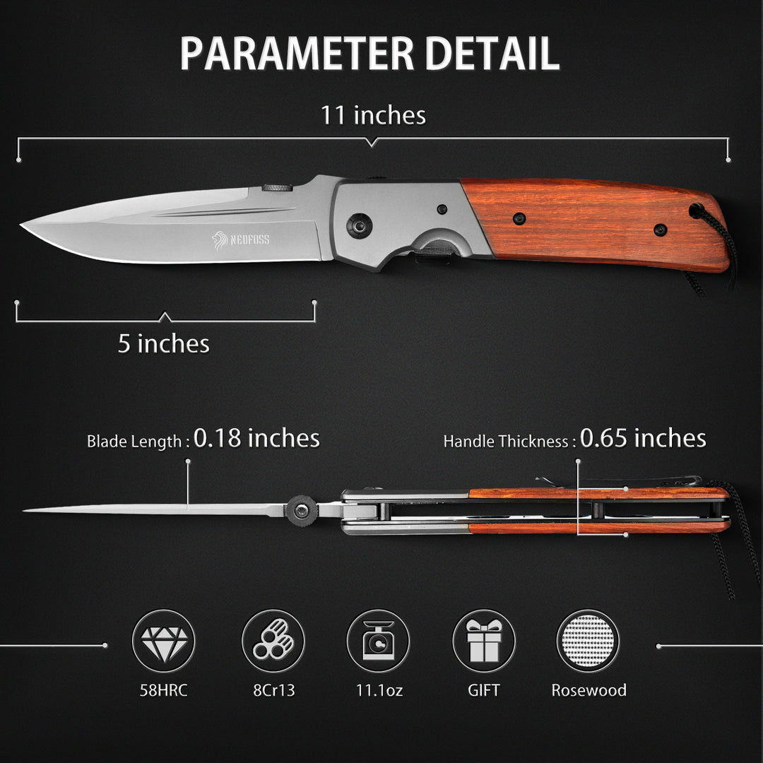 DA52 Huge Pocket Knife,  Blade Folding Knife with Wood Handle, Safety Liner Lock and Belt Clip