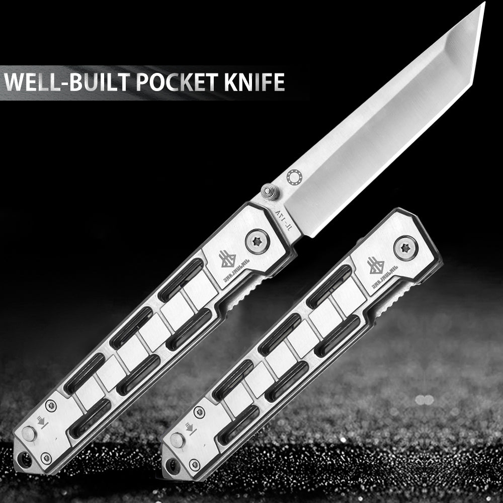 Tanto Pocket Knife with Glass Breaker, Slingshot, Pocket Clip, Liner Lock