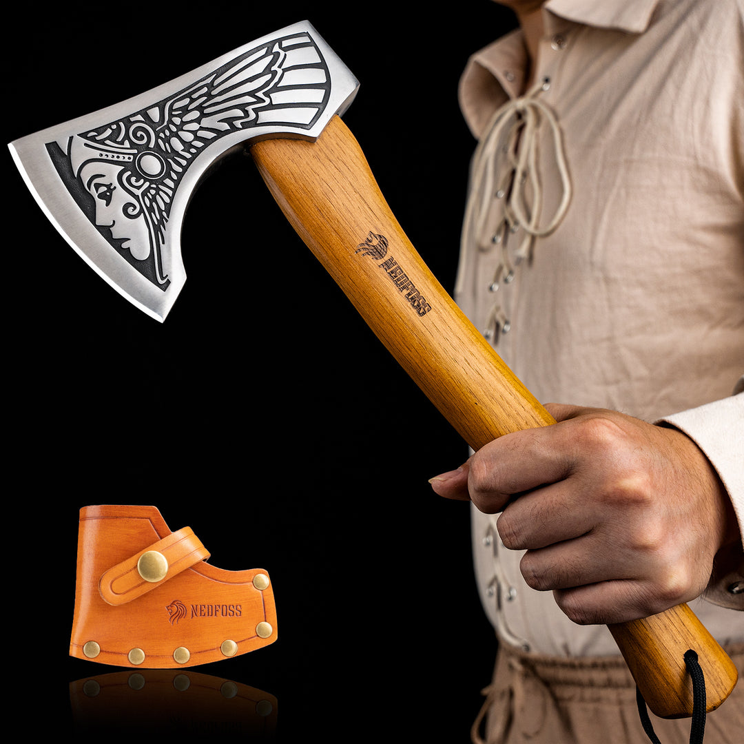 NedFoss Valkyrie 13" Viking Axe, Bearded Axe with Leather Sheath, Beech Wood Handle, Excellent Gifts for Men
