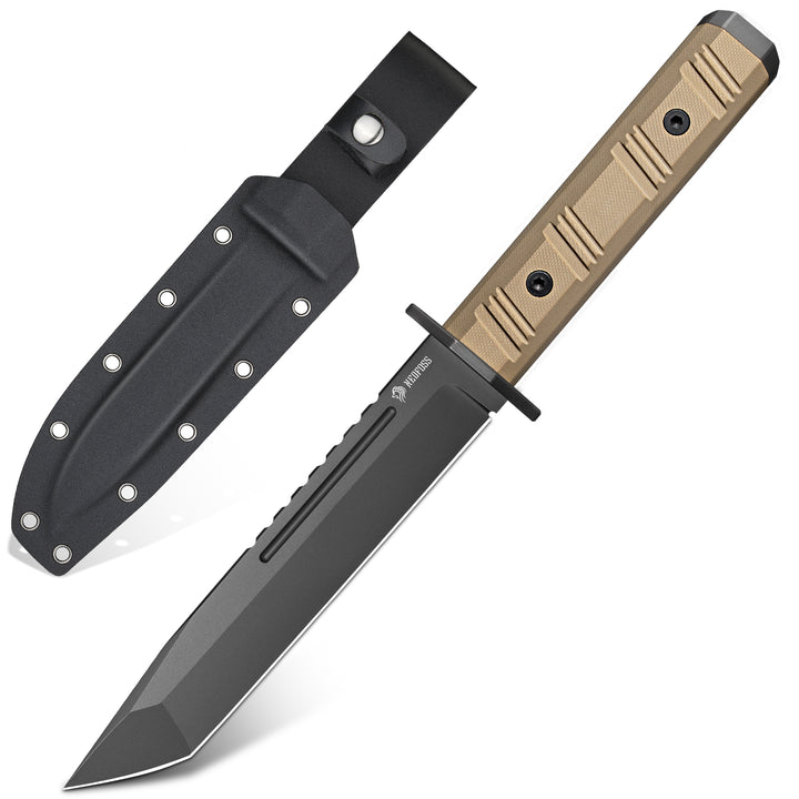 NedFoss BRAVE Fixed Balde Tactical Knife, 6.8" D2 Steel Blade Full Tang Hunting Knife with Kydex Sheath, Desert G10 Handle, Perfect Camping, Survival, Outdoor knife, Hunting Gifts for Men Women