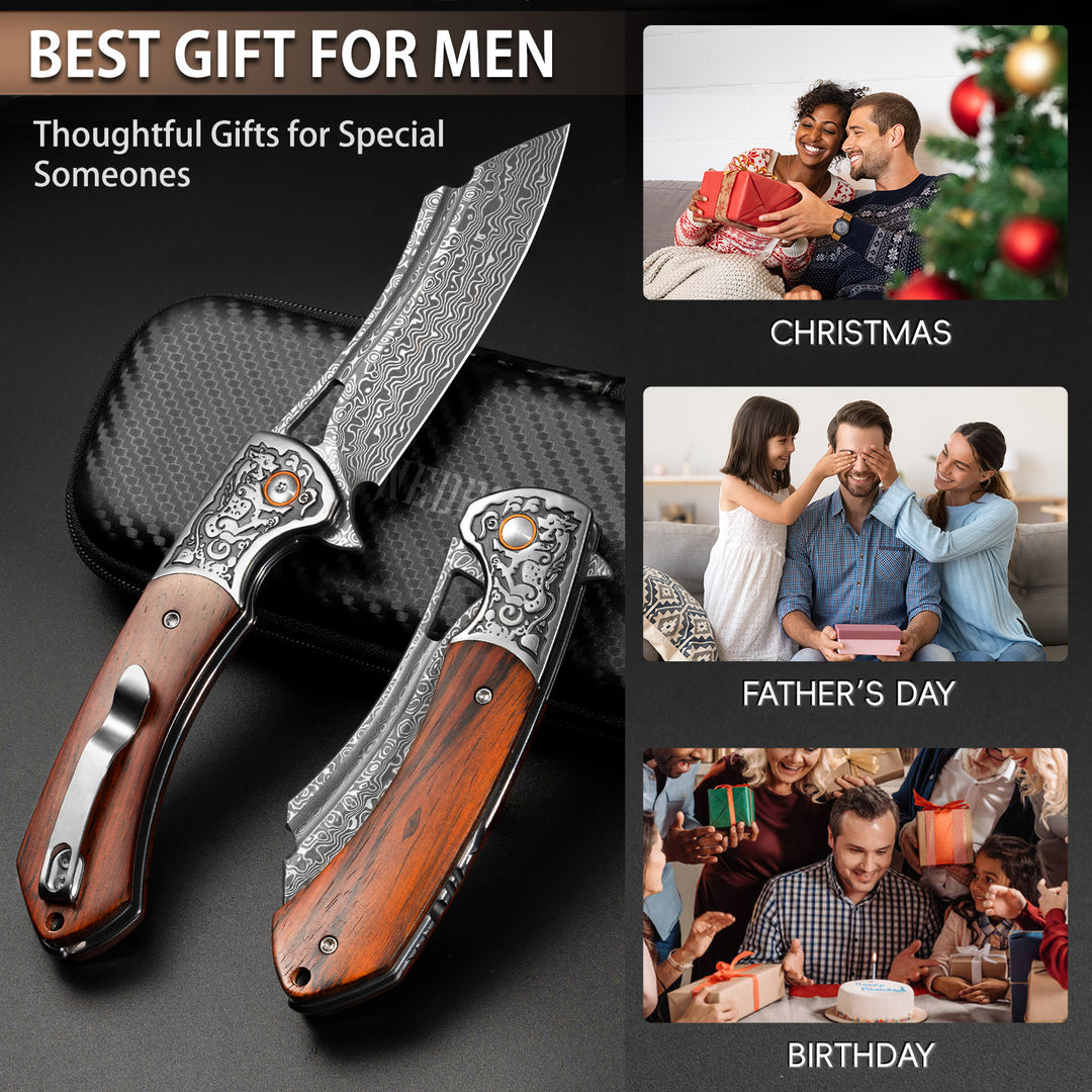 Nedfoss Unicorn Damascus 3.5"VG10 Steel Blade Pocket Knife with Leather Sheath and Sandalwood Handle