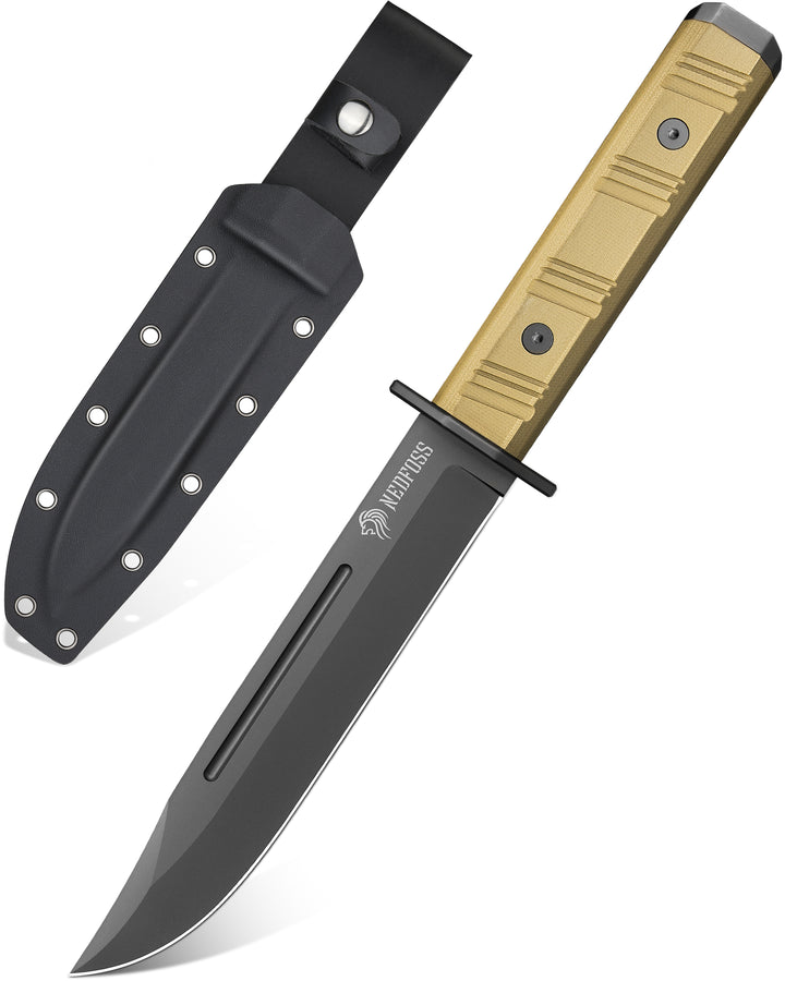 NedFoss BRAVE Fixed Balde Tactical Knife, 6.8" D2 Steel Blade Full Tang Hunting Knife with Kydex Sheath, Desert G10 Handle, Perfect Camping, Survival, Outdoor knife, Hunting Gifts for Men Women