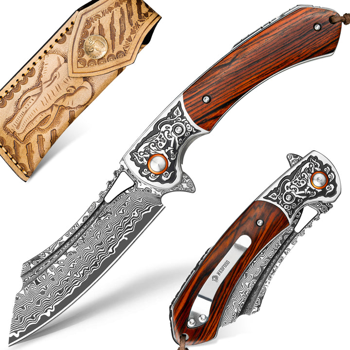 NedFoss UNICORN Damascus Pocket Knife with Leather Sheath, 3.5" Core VG10 Steel Blade with Sandalwood Handle, Gifts for men