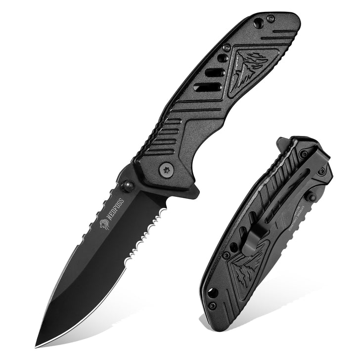 NedFoss EXTREME CHALLENGE 3.23" 8Cr14Mov Blade Serrated Pocket Knife with Clip, Aluminum Handle