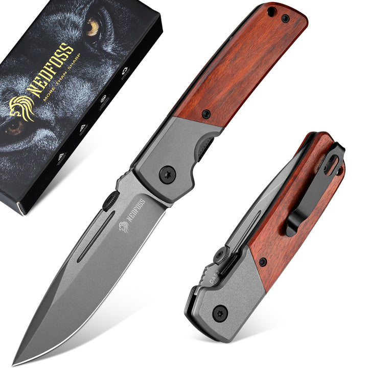 NedFoss DA52 Pocket Knife for Men, 3.5" Compact EDC Knife, Lightweight Camping Folding Knife with Clip, Rosewood Handle with Aluminium Bolster, Liner Lock