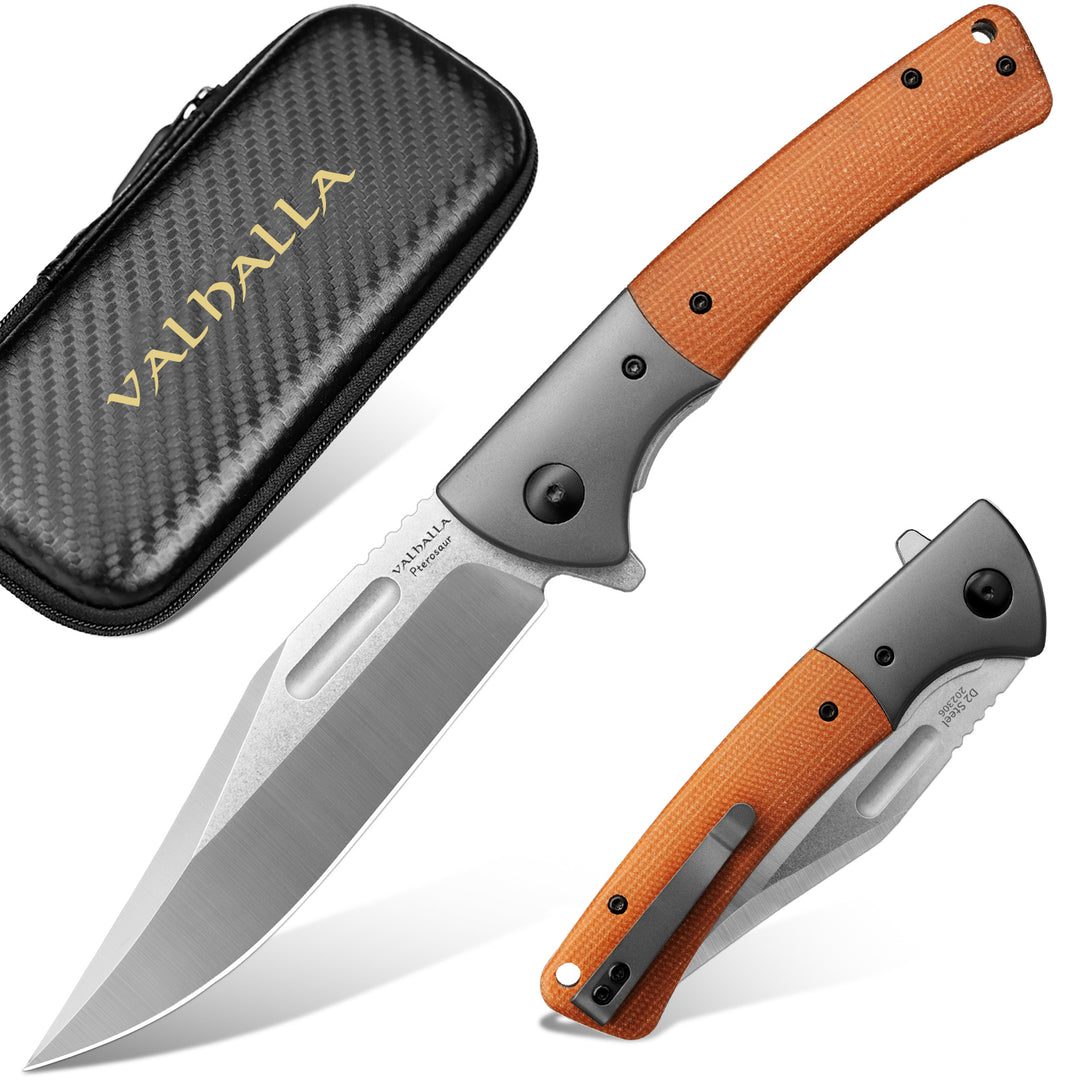 VALHALLA PTEROSAUR Pocket Knife, 3.9'' D2 Steel Folding Knife with Micarta Handle, Pocket Knife for Men, Cool Knives, Hunting Knife, Gifts for Men