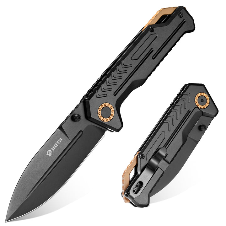 NedFoss M17 Tactical Knife, Large Pocket Knife for Men, 3.4" PVD D2 Steel Folding Knife with Lightweight Aluminum Handle, Glass Breaker, Frame Lock, Clip, Cool Survival Knives For EDC Hunting Work