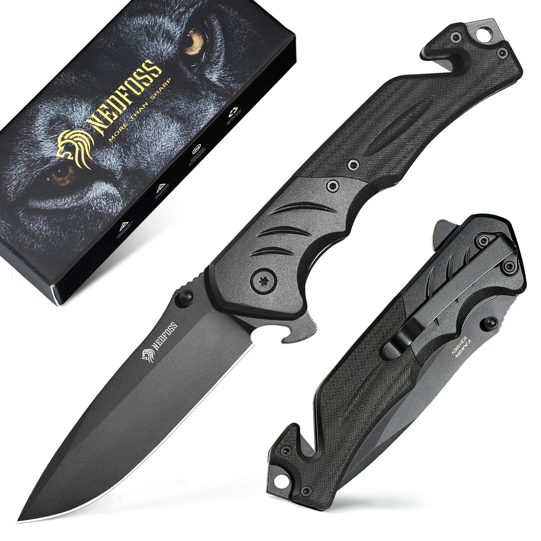 NedFoss FA49 Pro 4-in-1 3.4" 8Cr14Mov Steel Upgraded Black Tactical Pocket Knife with G10 Handle