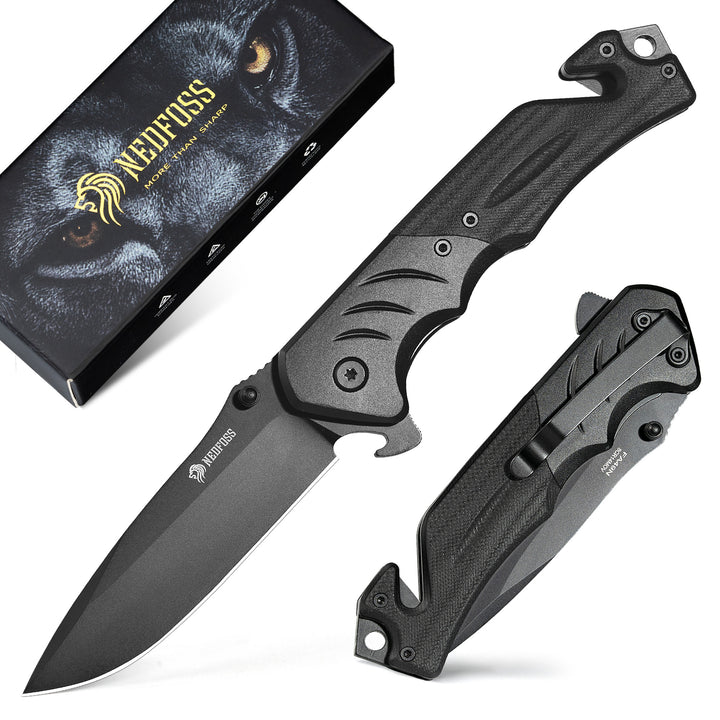 NedFoss FA49 Pro 4-in-1 3.4" 8Cr14Mov Steel Upgraded Black Tactical Pocket Knife with G10 Handle