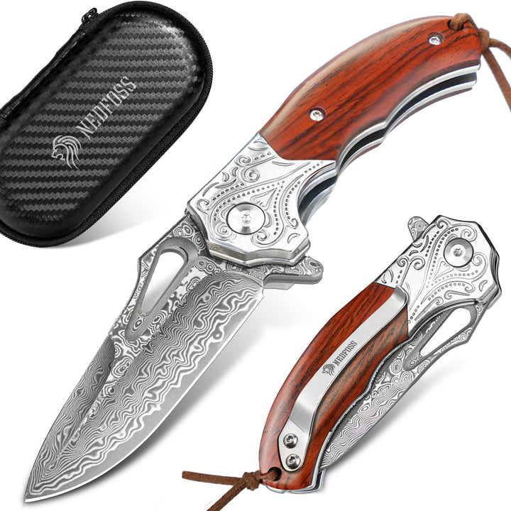 Nedfoss tiger-shark  Damascus Pocket Knife with Engraved Pattern and Sandalwood Handle