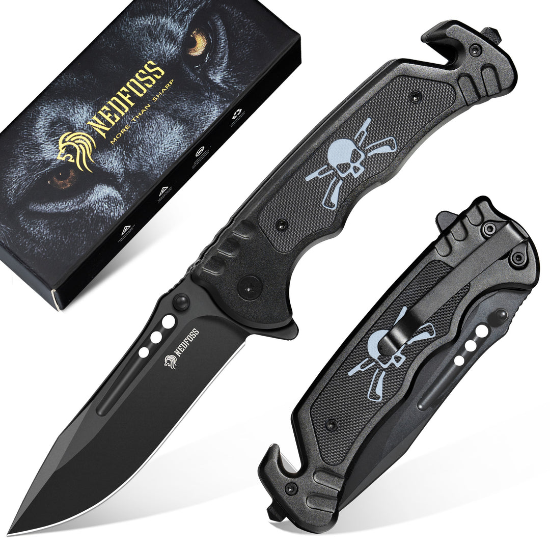 Nedfoss Grizzly Tactical Pocket Knife with Glass Breaker and Seatbelt Cutter, Unique Skull G10 Handle