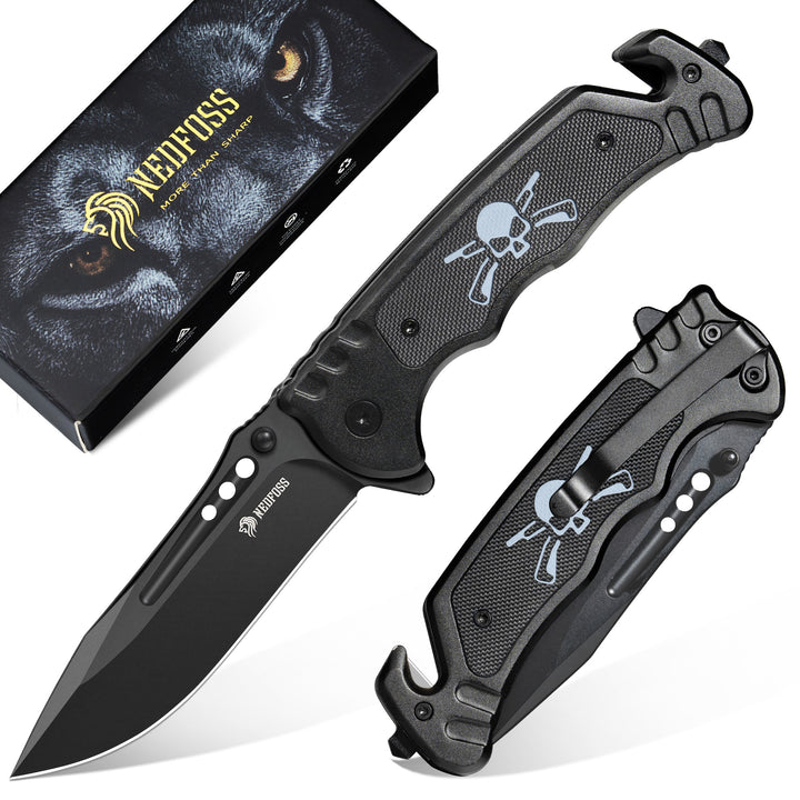 Nedfoss Grizzly Tactical Pocket Knife with Glass Breaker and Seatbelt Cutter, Unique Skull G10 Handle