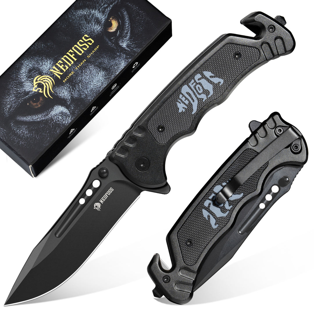 Nedfoss Grizzly Tactical Pocket Knife with Glass Breaker and Seatbelt Cutter, Unique Skull G10 Handle