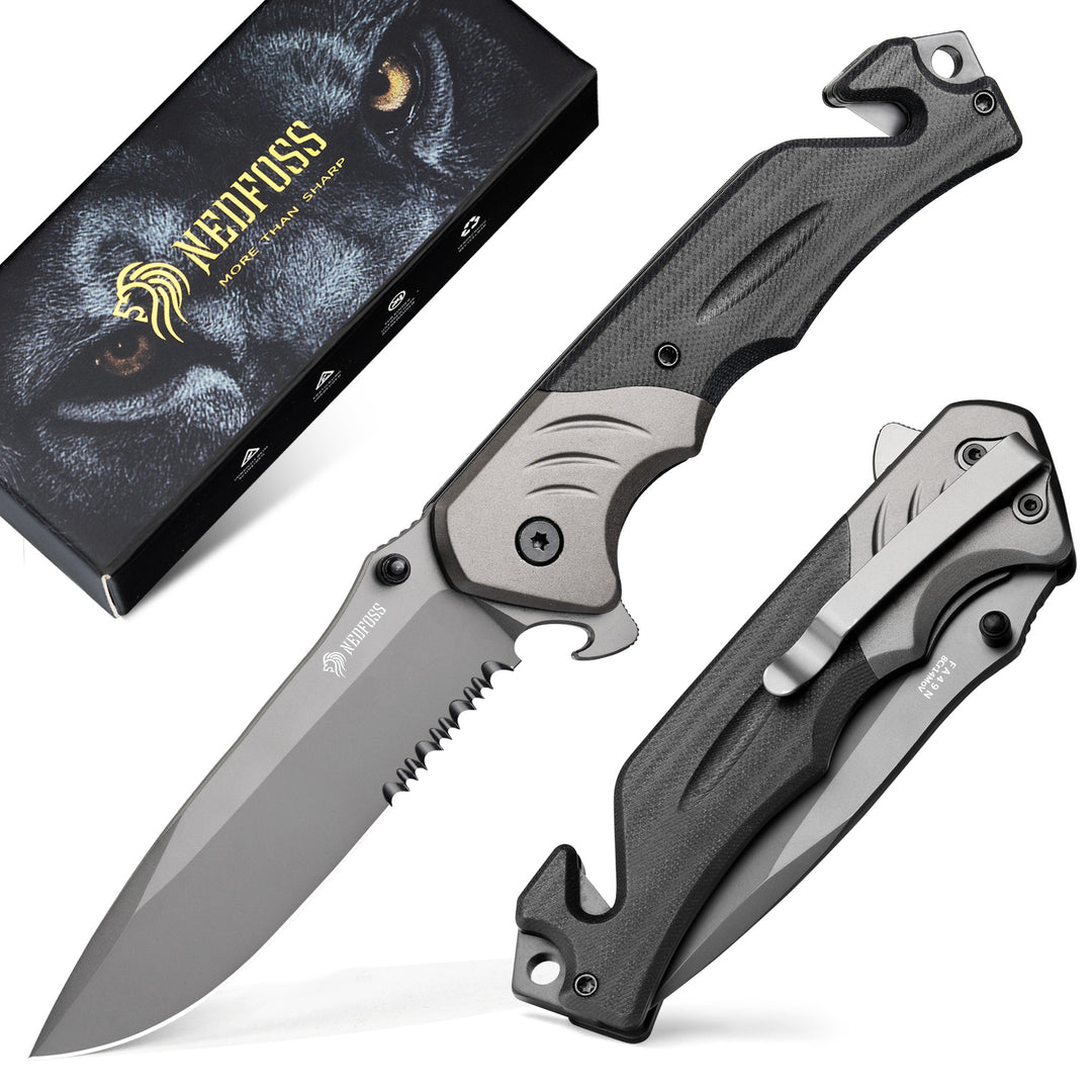 NedFoss FA49N Pro 4-in-1 Tactical Multitool Folding Knife with Glass Breaker, Seat Belt Cutter & Bottle Opener