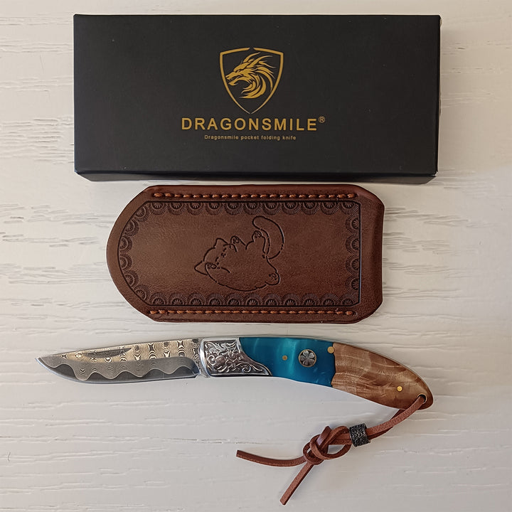 DRAGONSMILE Pocket Folding Knife with Leather Sheath