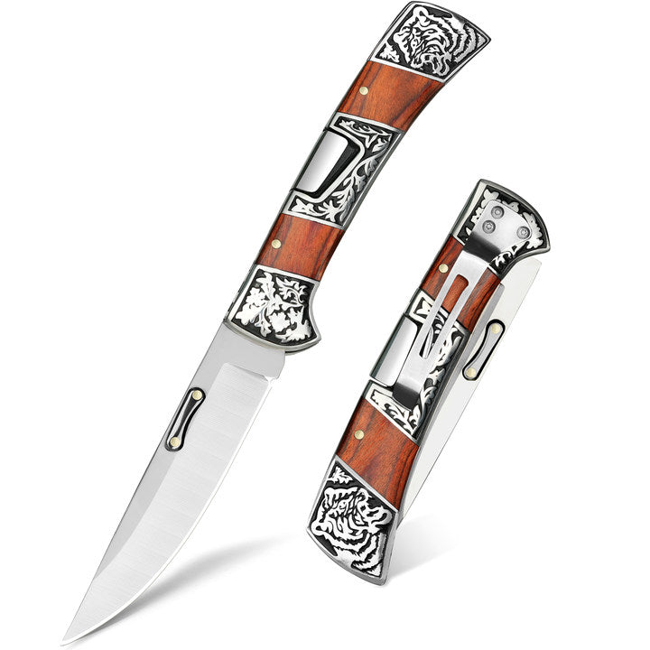 NedFoss SMILODON Damascus 4" Back Lock Folding Knife  with Luminous Resin and Engraved 3D Tiger Relief Handle