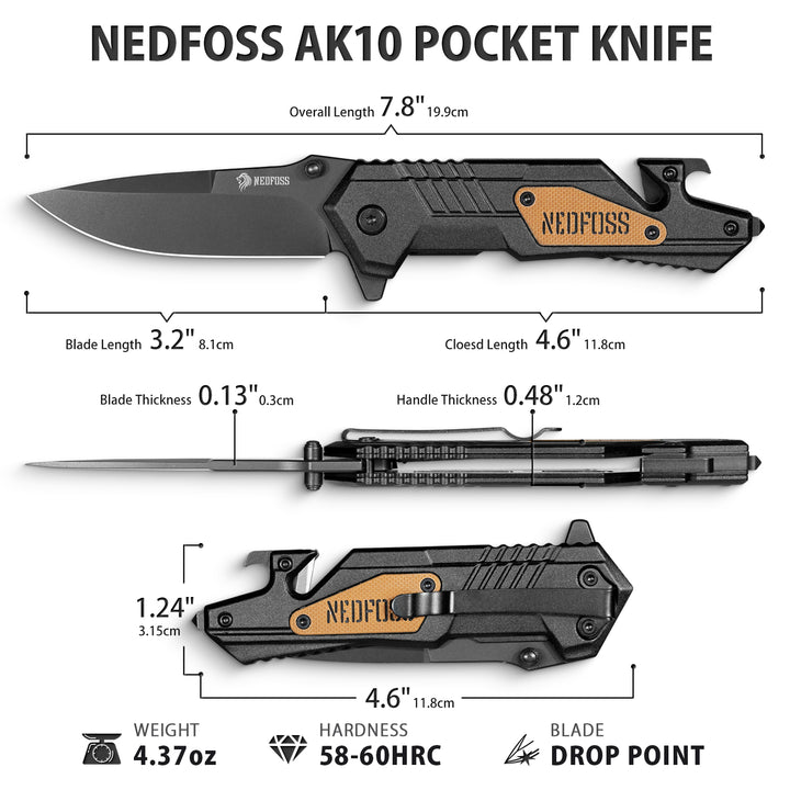 Nedfoss AK10 Tactical Pocket Folding Knife, 4 in 1 EDC Knife,3.6" 8CR14MOV Blade