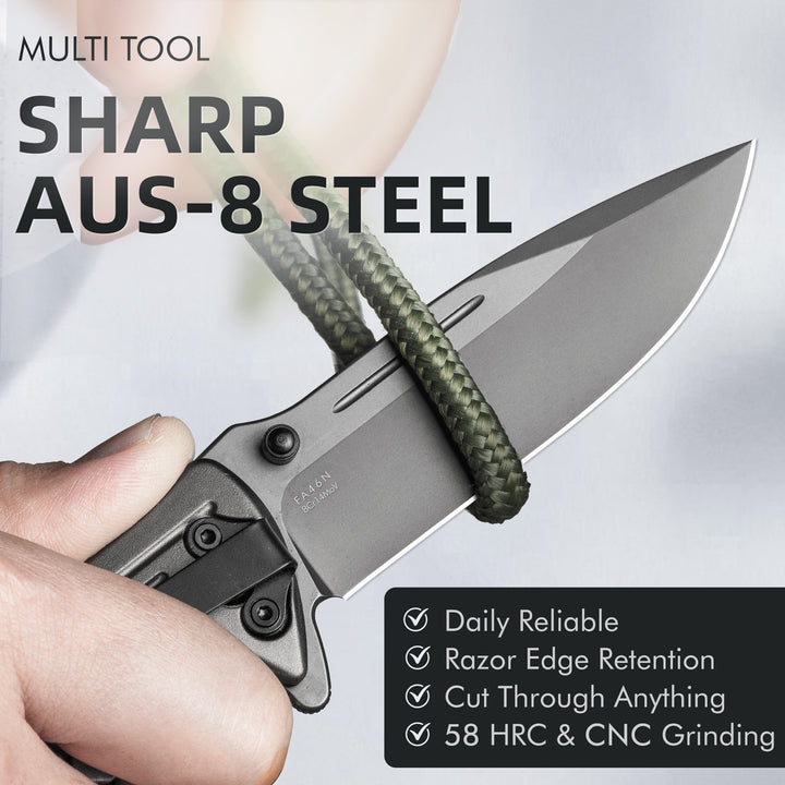 NedFoss FA46N 3.35″ AUS-8 Steel 3-in-1 Tactical Rescue Folding Knife with Ultralight Aluminum Handle