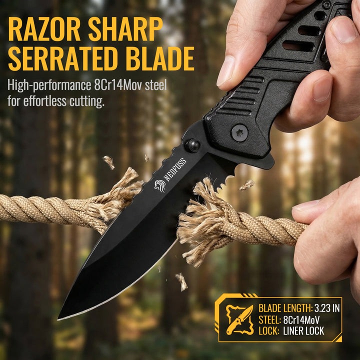 NedFoss EXTREME CHALLENGE 3.23" 8Cr14Mov Blade Serrated Pocket Knife with Clip, Aluminum Handle