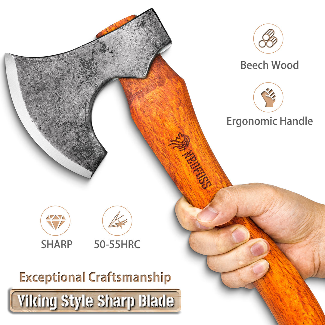 NEDFOSS Camping Hatchet Axe, 15" Wooden Handle Bushcraft Axe with Sheath, Viking Axe with Steel Wedge, Hand Forged Hatchets for Camping and Survival, Gift for Men