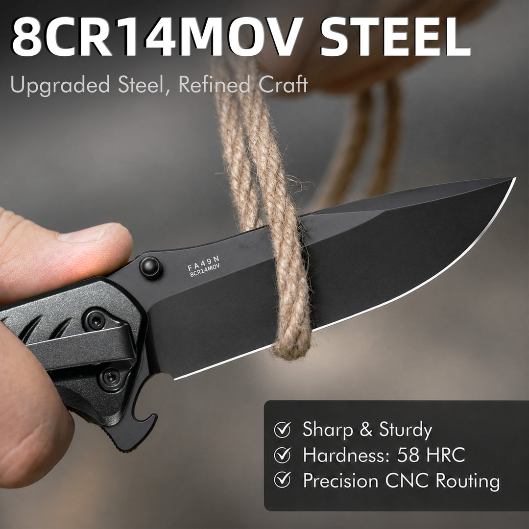 NedFoss FA49 Pro 4-in-1 3.4" 8Cr14Mov Steel Upgraded Black Tactical Pocket Knife with G10 Handle