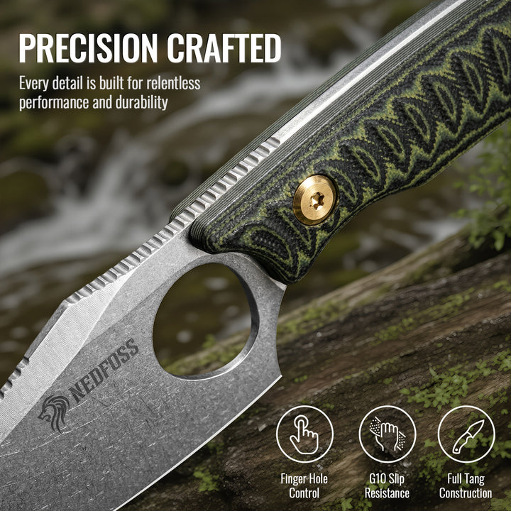 NedFoss CATFISH 3.7" 14C28N Steel EDC Fixed-Blade Full-Tang Camping Knife with Finger Hole, G10 Handle, Bottle Opener