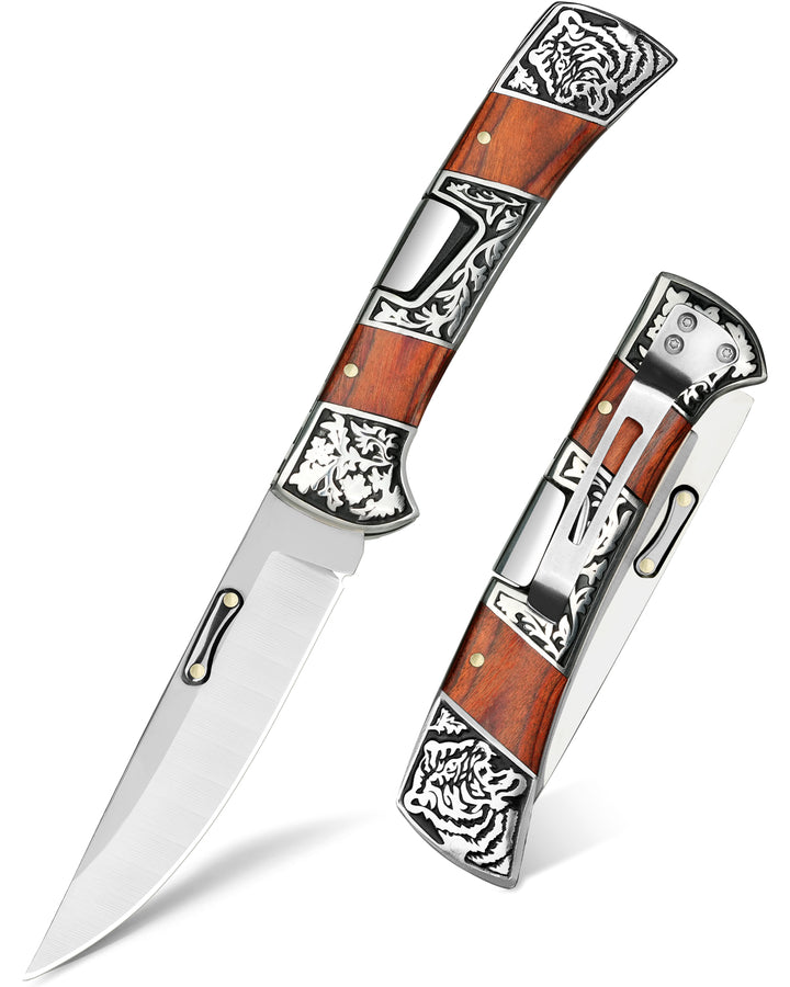 NedFoss SMILODON Damascus Pocket Knife for Men, 4" Back Lock Folding Knife, Luminous Resin and Engraved 3D Tiger Relief Handle, Pocket Clip, Cool Knives Personalized Gift for Collection