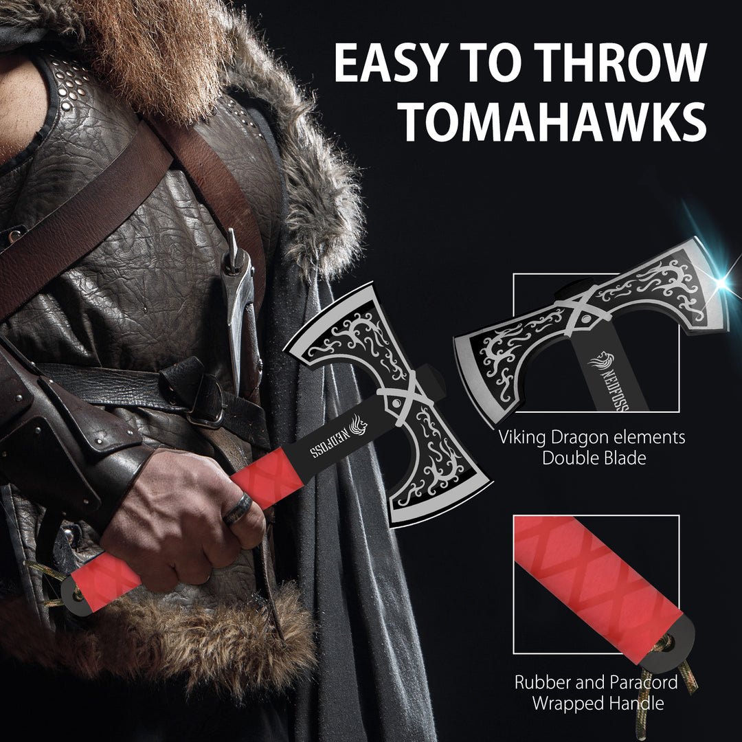 NedFoss Throwing Knife and Throwing Axe Set, 11.6" Throwing Axes and Tomahawks, Viking Double Bit, Tear-Resistant TPR Handle, Throwing Axe for Axe Throwing Game
