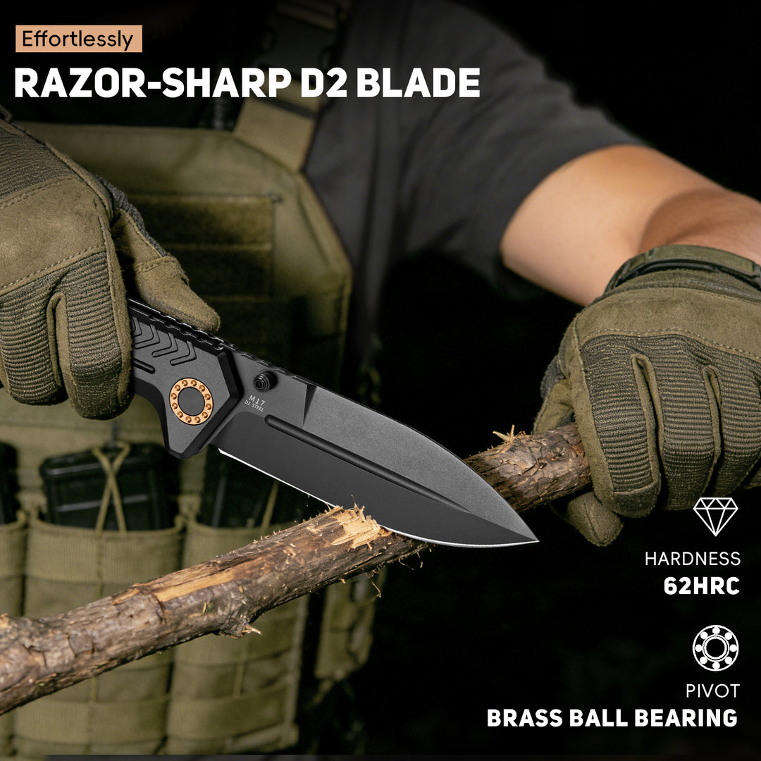 NedFoss M17 Tactical Knife, Large Pocket Knife for Men, 3.4" PVD D2 Steel Folding Knife with Lightweight Aluminum Handle, Glass Breaker, Frame Lock, Clip, Cool Survival Knives For EDC Hunting Work