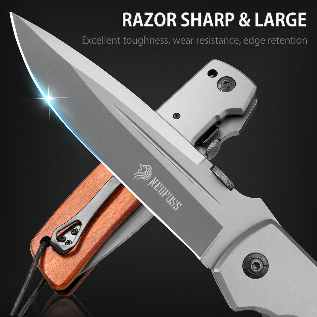 Nedfoss DA52  5" Long Blade Folding Knife with Wood Handle, Safety Liner Lock and Belt Clip