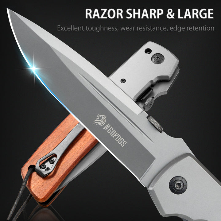 Nedfoss DA52  5" Long Blade Folding Knife with Wood Handle, Safety Liner Lock and Belt Clip