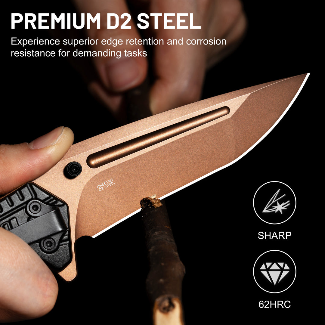 NedFoss CHEETAH Folding Pocket Knife, Premium Gold D2 Steel Blade Survival Knife, Unique Aluminum Handle with Skeletonized Frame, Pocket Clip, Cool Pocket Knives for Men Gift