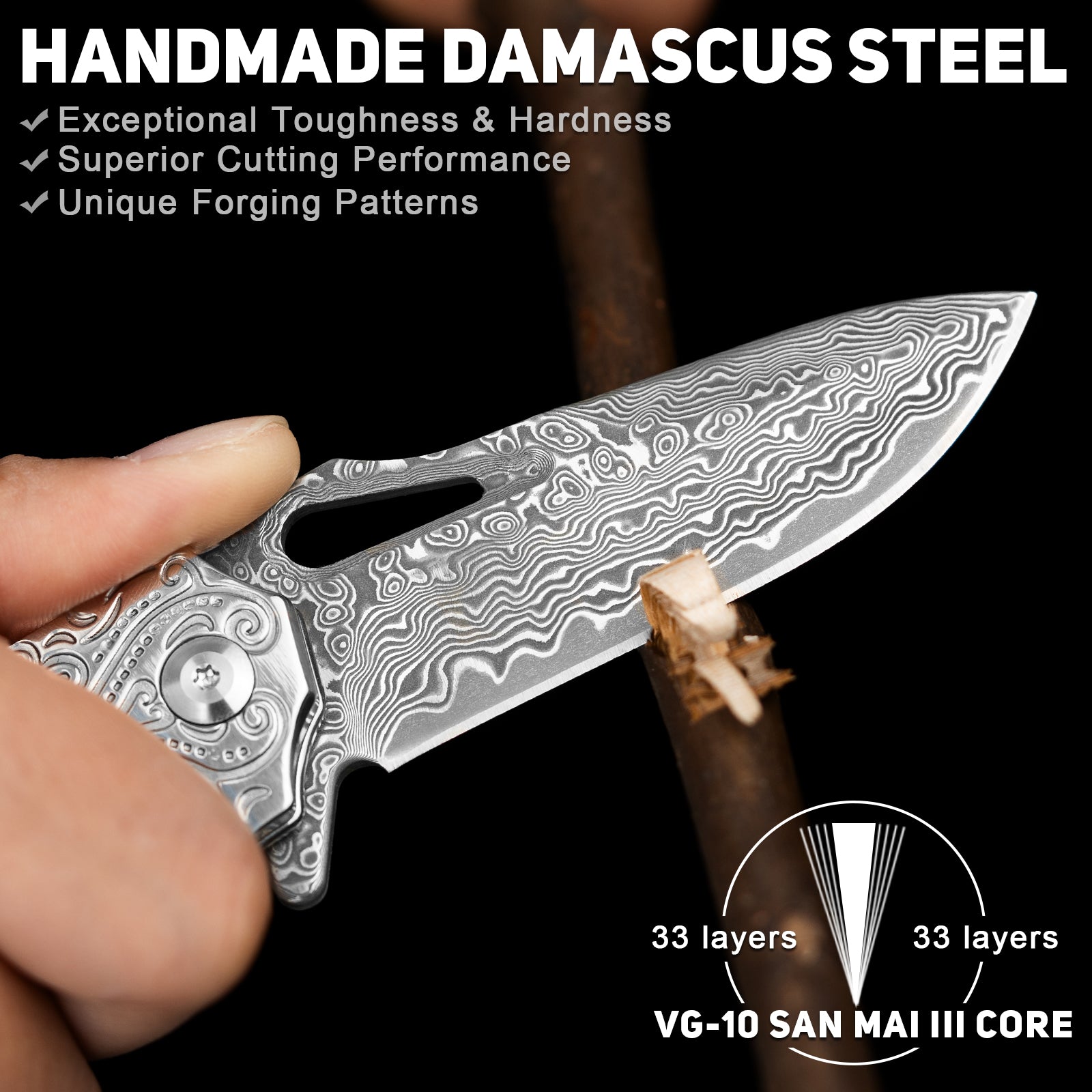 Nedfoss tiger-shark Damascus Pocket Knife with Engraved Pattern