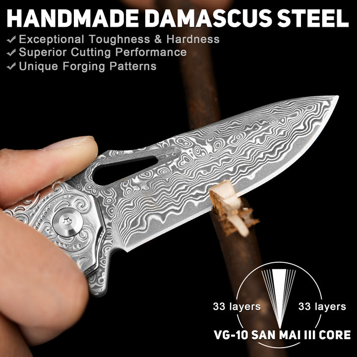 Nedfoss tiger-shark  Damascus Pocket Knife with Engraved Pattern and Sandalwood Handle