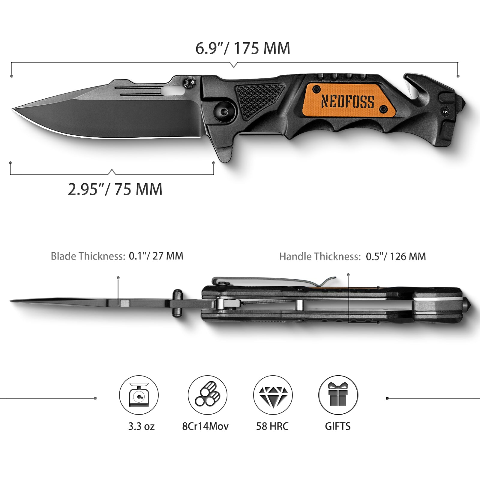 DA75 Tactical Pocket Knife,3 in 1 Folding Knife with Seat
