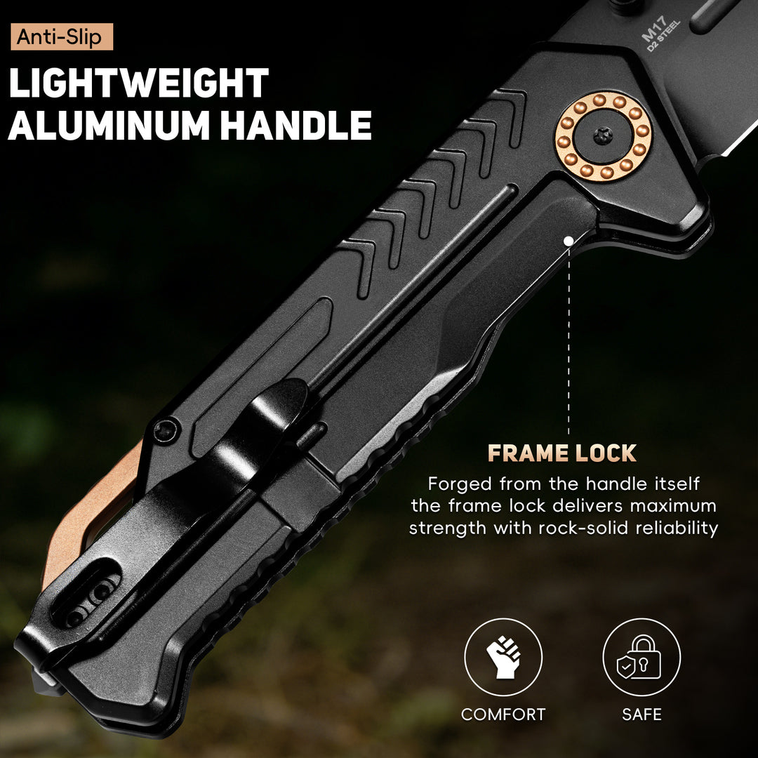 NedFoss M17 Tactical Knife, Large Pocket Knife for Men, 3.4" PVD D2 Steel Folding Knife with Lightweight Aluminum Handle, Glass Breaker, Frame Lock, Clip, Cool Survival Knives For EDC Hunting Work