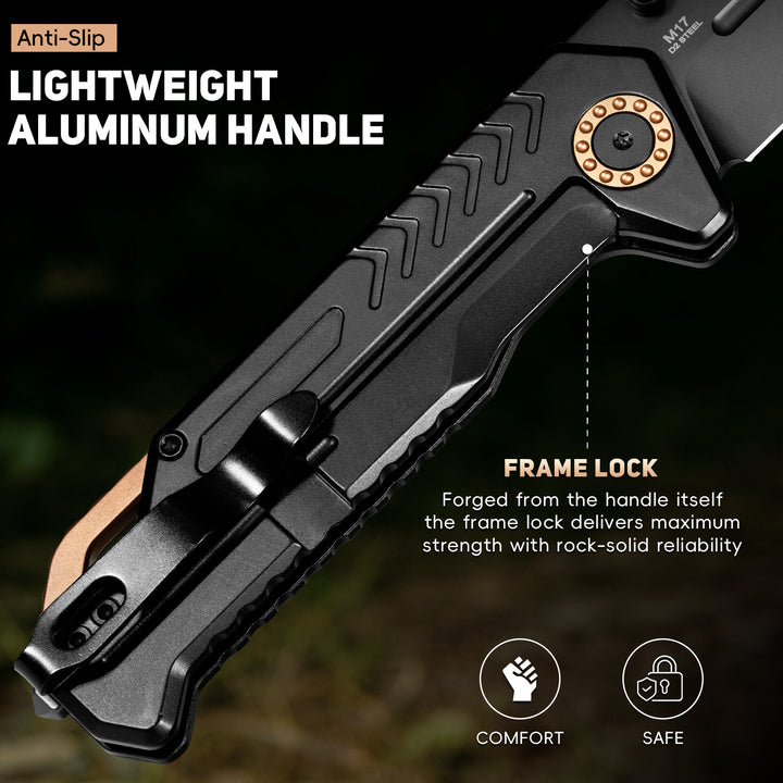 NedFoss M17 Tactical Knife, Large Pocket Knife for Men, 3.4" PVD D2 Steel Folding Knife with Lightweight Aluminum Handle, Glass Breaker, Frame Lock, Clip, Cool Survival Knives For EDC Hunting Work