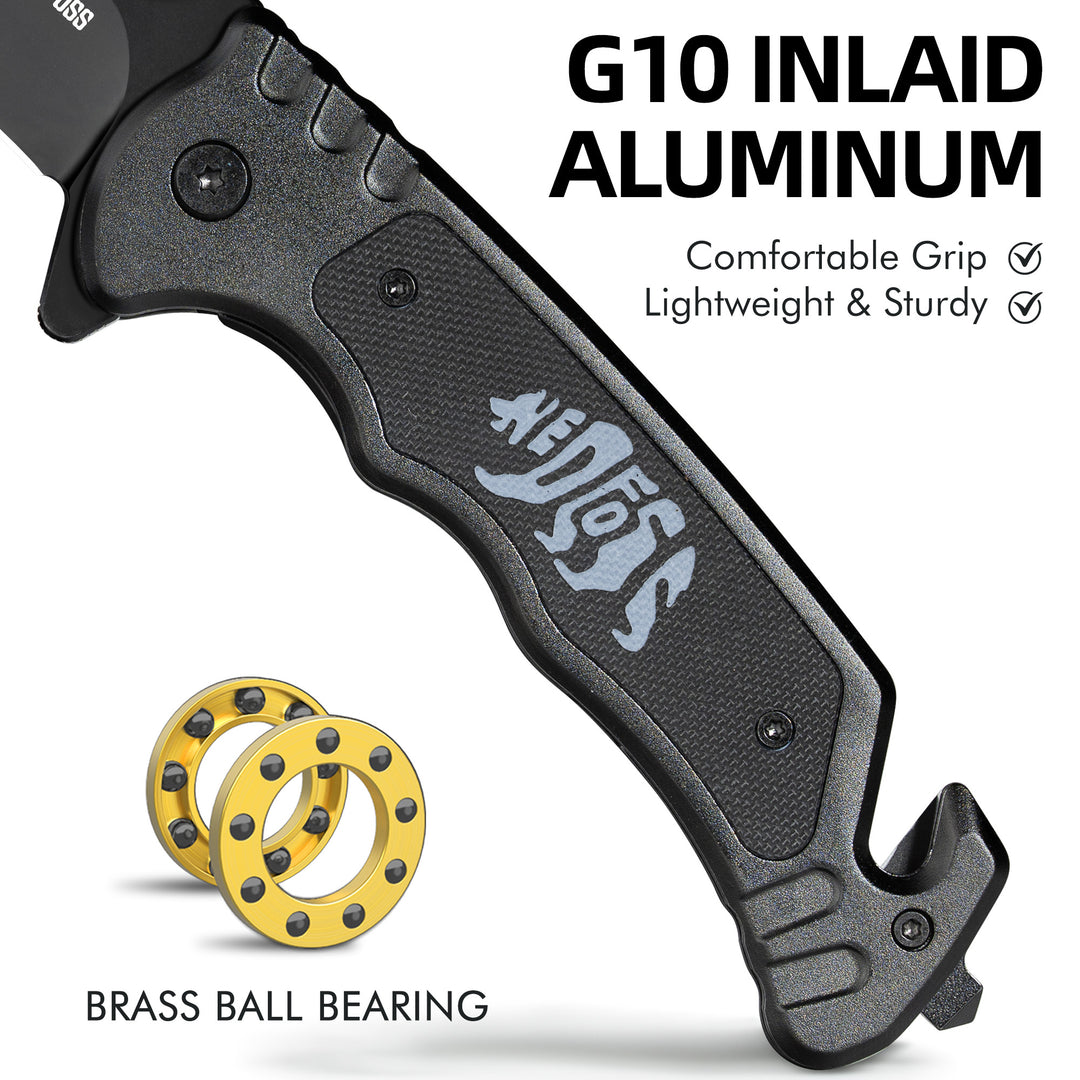 Nedfoss Grizzly Tactical Pocket Knife with Glass Breaker and Seatbelt Cutter, Unique Skull G10 Handle