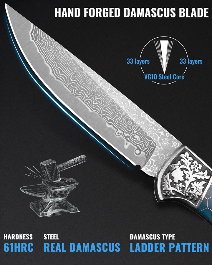 NedFoss SMILODON Damascus Pocket Knife for Men, 4" Back Lock Folding Knife, Luminous Resin and Engraved 3D Tiger Relief Handle, Pocket Clip, Cool Knives Personalized Gift for Collection