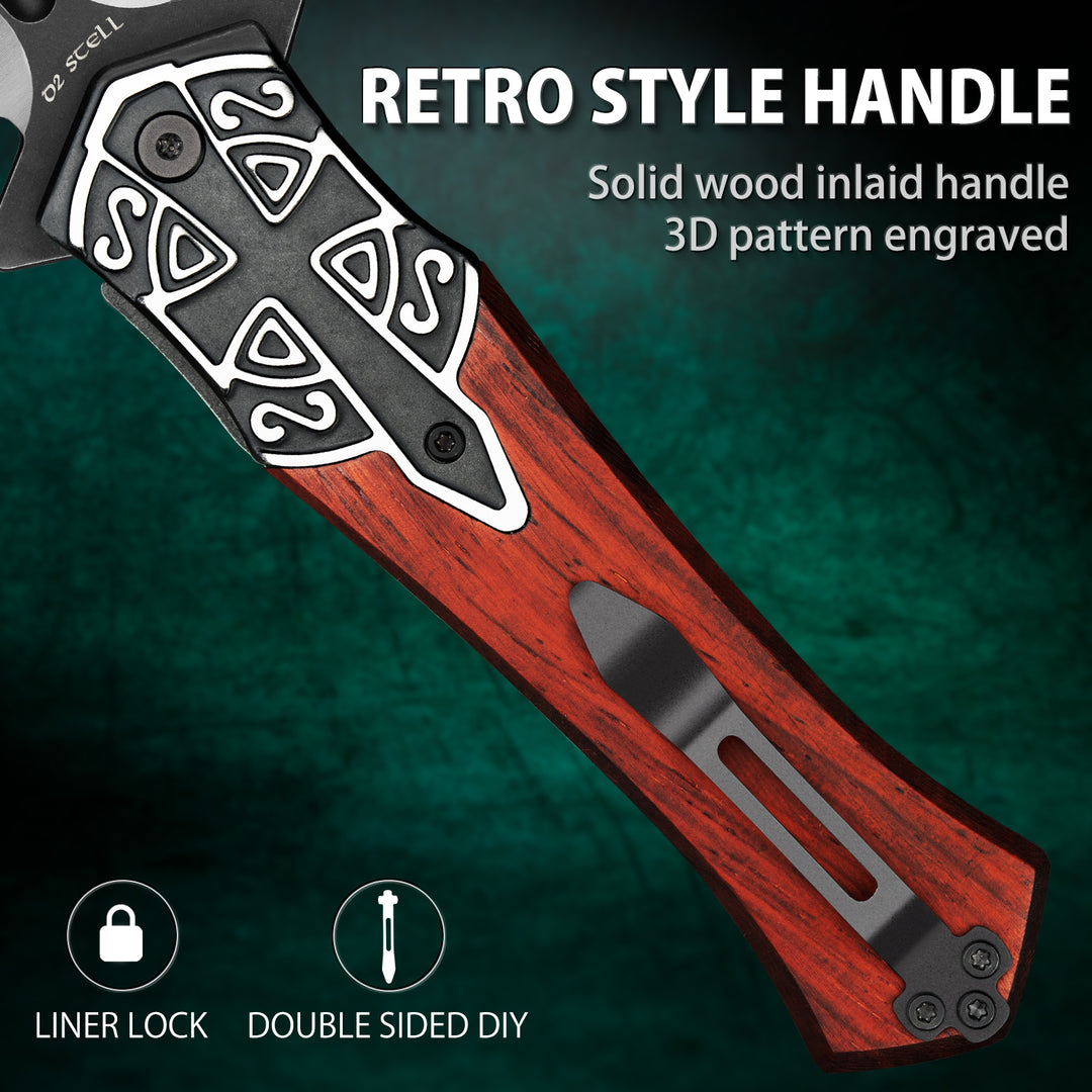 VALHALLA PASTOR Pocket Knife, 3.7'' D2 Steel Blade, 3D Retro Embossed, Liner Lock