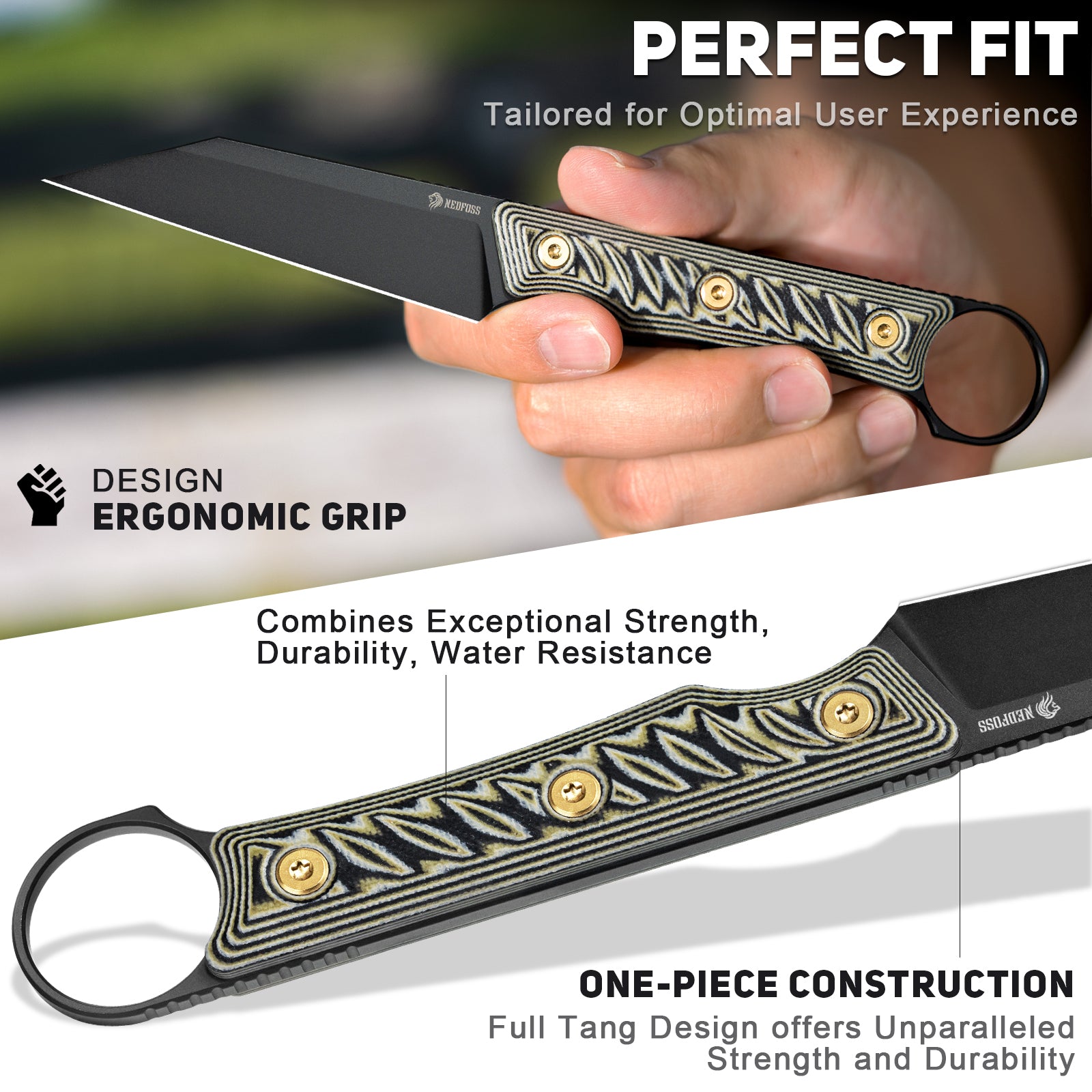 Boar Fixed Blade Knfie,D2 Steel Full Tang Blade Bushcraft Survival