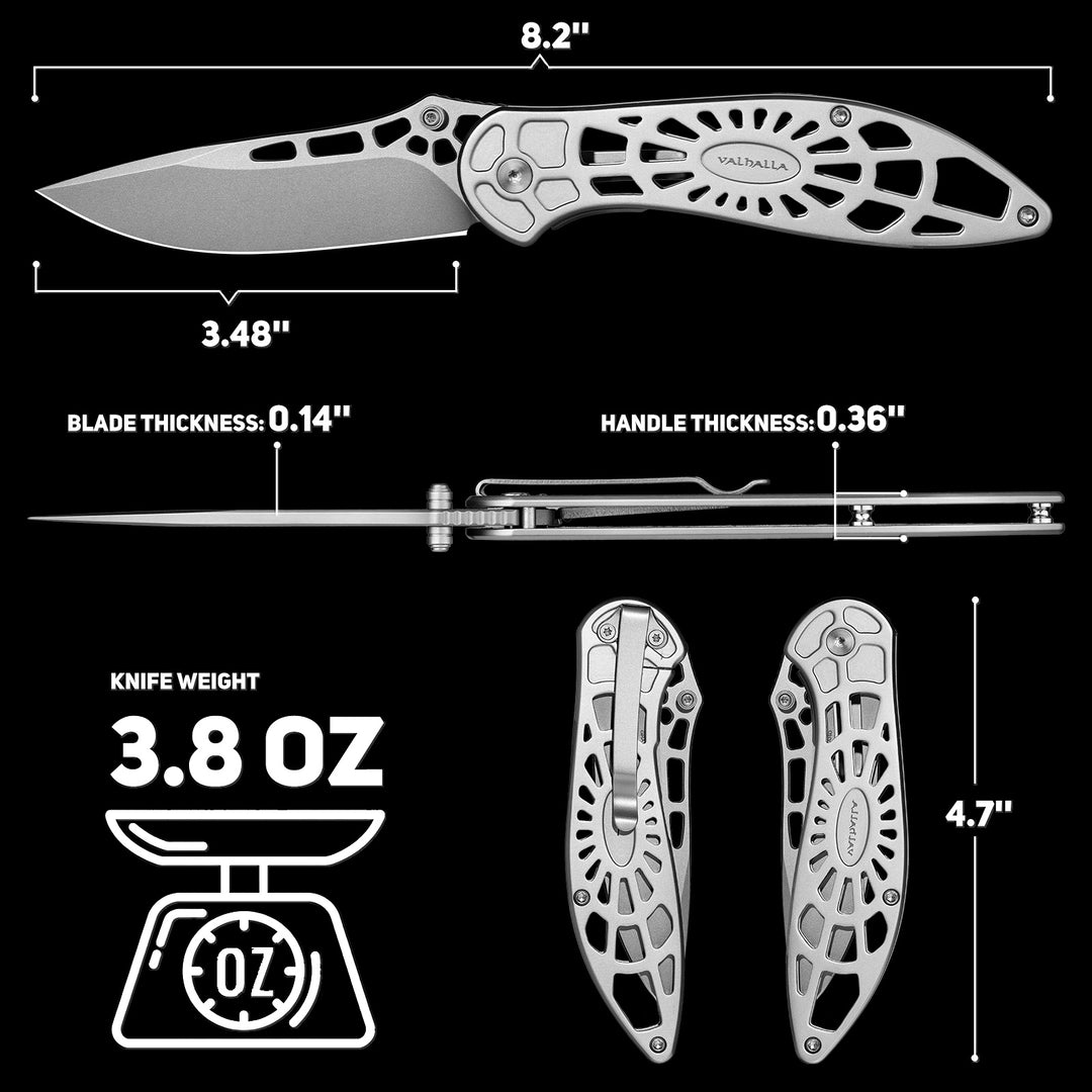VALHALLA EDC Pocket Knife, 3.48'' Folding Pocket Knife for Men, Cool Knife with Stainless Steel Blade, Full Steel Skeleton Design, Lightweight & Easy Carry