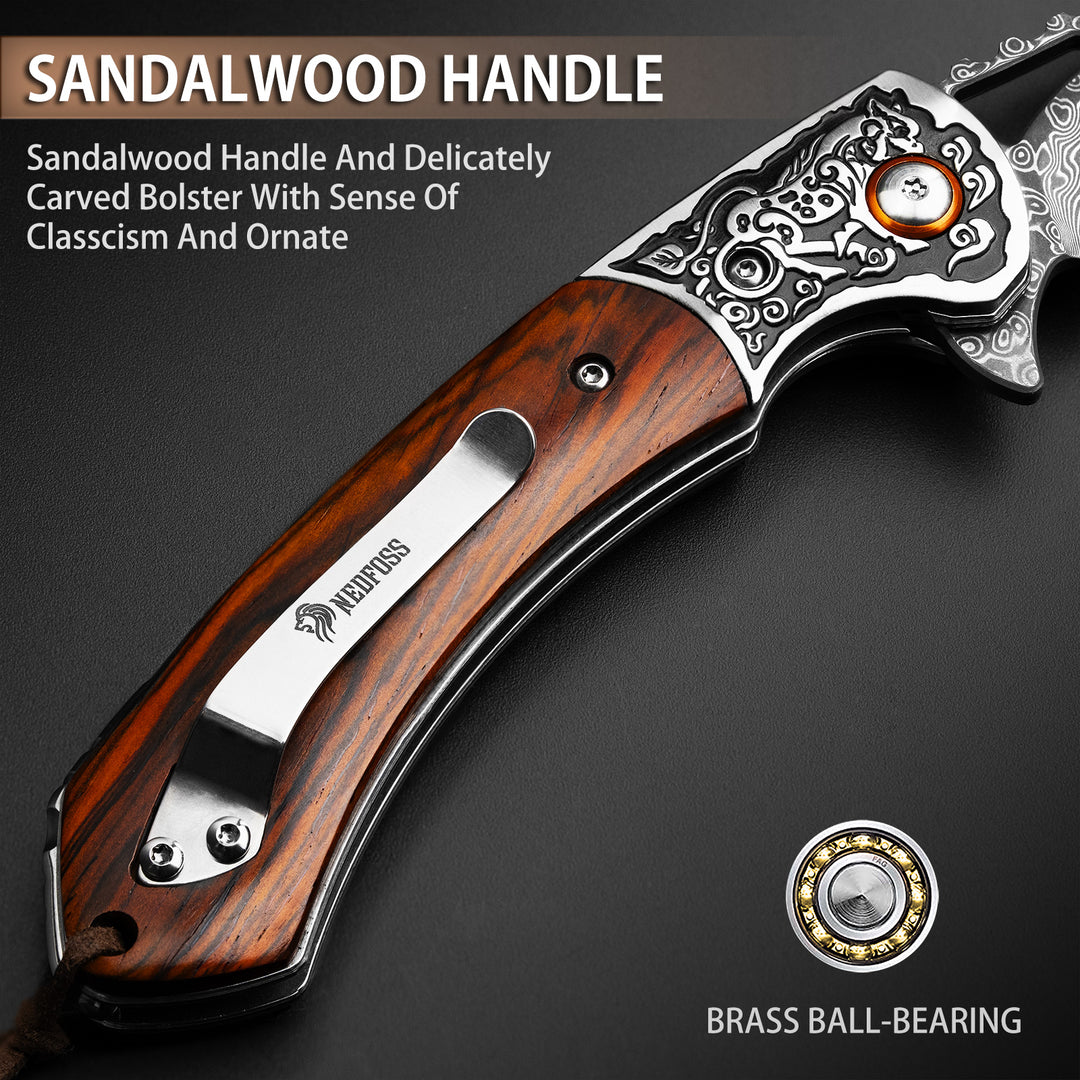 NedFoss UNICORN Damascus Pocket Knife with Leather Sheath, 3.5" Core VG10 Steel Blade with Sandalwood Handle, Gifts for men