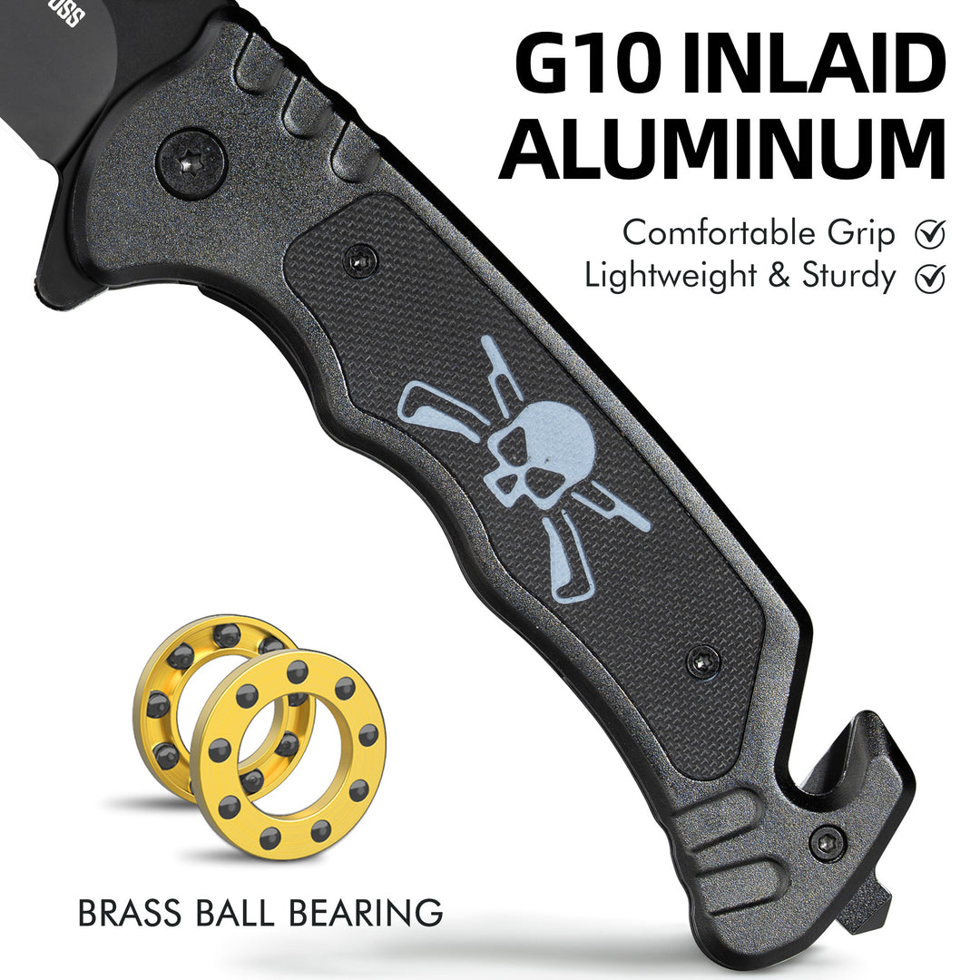 Nedfoss Grizzly Tactical Pocket Knife with Glass Breaker and Seatbelt Cutter, Unique Skull G10 Handle
